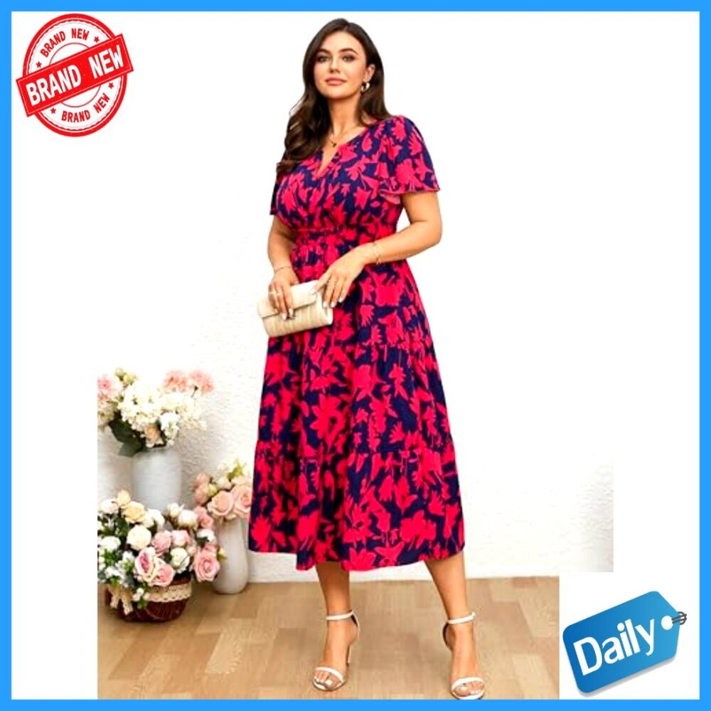 Plus Size Summer Maxi Dress V Neck Smocked Boho Floral Beach Wedding Guest - Picture 2 of 7